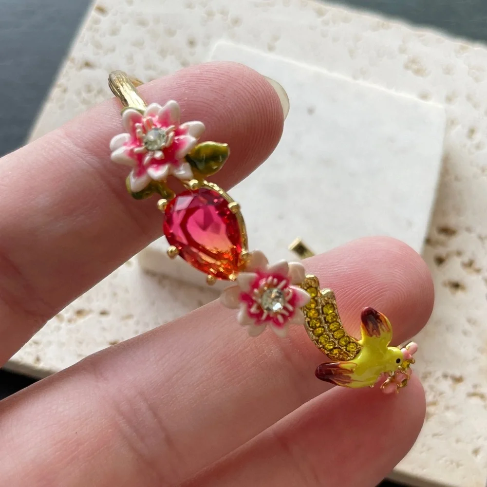 Les Nereides Gold Pink Bird Bracelet Floral Statement Jewelry